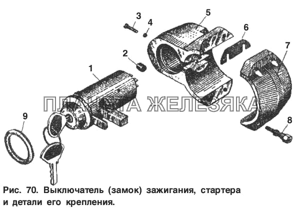 Выключатель (замок) зажигания, выключатель стартера и детали его крепления Москвич-2140